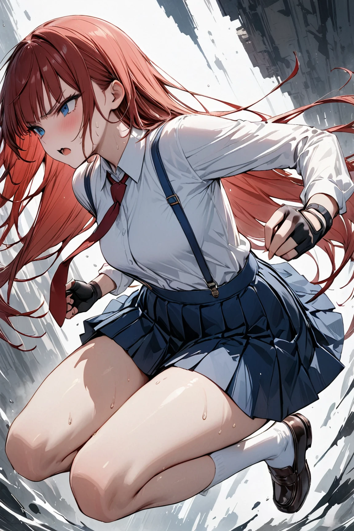 Dynamic composition,action,{{masterpiece}}, {{{Highest quality}}},{{Very detailed}},blue suspenders, blue Pleated Miniskirt,white Long sleeve white blouse, loafers,black fingerless gloves,Red tie,White socks,Straight hair,Long hair ,Red Hair, blunt bangs,hand、V-shaped eyebrows, sweat,