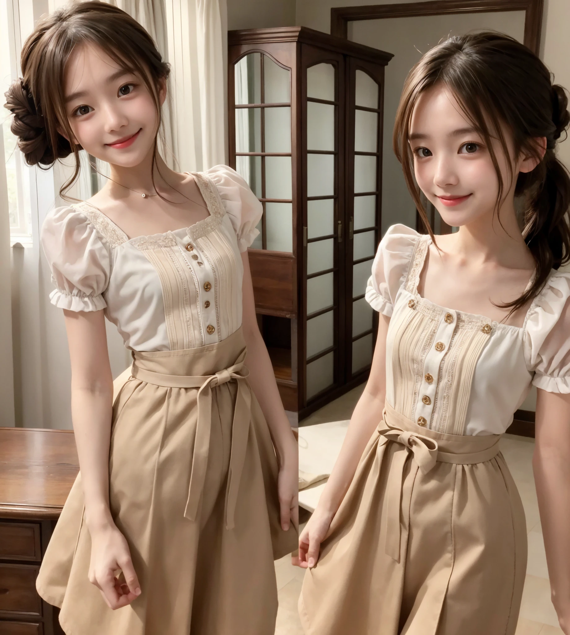 Maid,cute pretty girl,masterpiece,high definition,4k,8k,16k,chignon hair,brown hair,skinny,thin body,smile