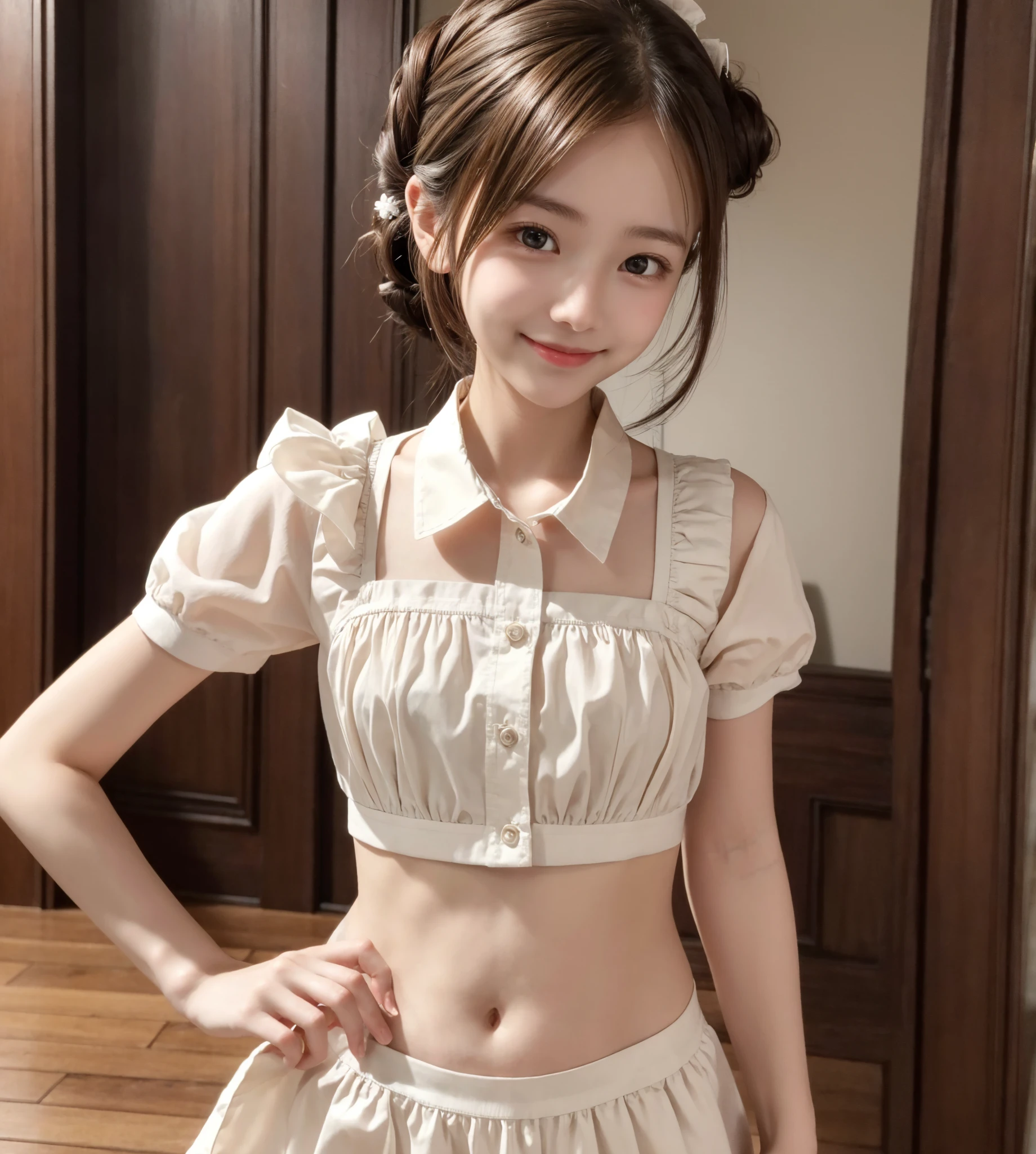 Maid,cute pretty girl,masterpiece,high definition,4k,8k,16k,chignon hair,brown hair,skinny,thin body,smile