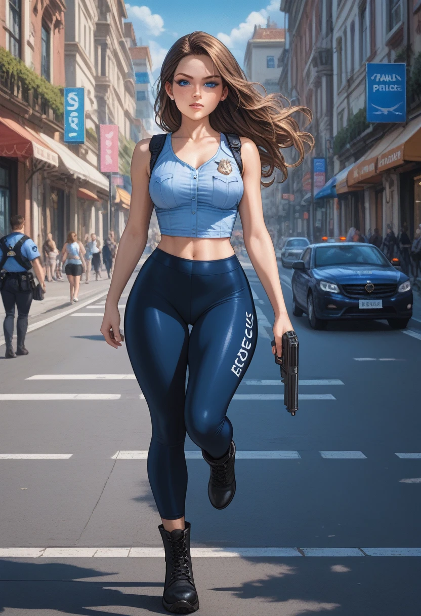 (( highest quality , masterpiece, A police girl , LIGHT BLUE BLOUSE , yoga pants preta,  black boots ,curves, thick thighs , animated brown hair ,  long brown hair , blue eyes, running down the street, holds a gun,  movement effects , colorful blur background ,action scene,detailed,  tense expression on her face