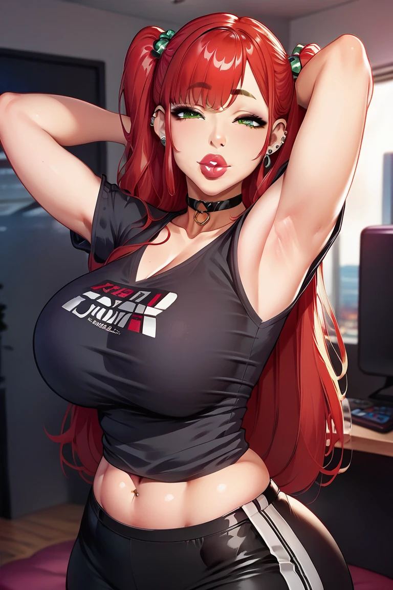 long red hair in twin-tails with bangs, cute round face with green eyes, large bimbo lips huge lips, big lips,  detailed lips, big lips, plump, fake lips, huge lips, lip filler, short figure girl, large boobs, massive ass, thick thighs, super very long hairy armpits and pubic hair, lazy gamer girl, playing games in her bedroom,  fully clothed ,goth styled clothes pants and shirt, playing games/ streaming, streamer, gamer, white girl, American, plump body type, lip filler, fake lips, bimbo, bimbo lips, Botox lips, massive lips, gigantic lips, swollen lips, front on image