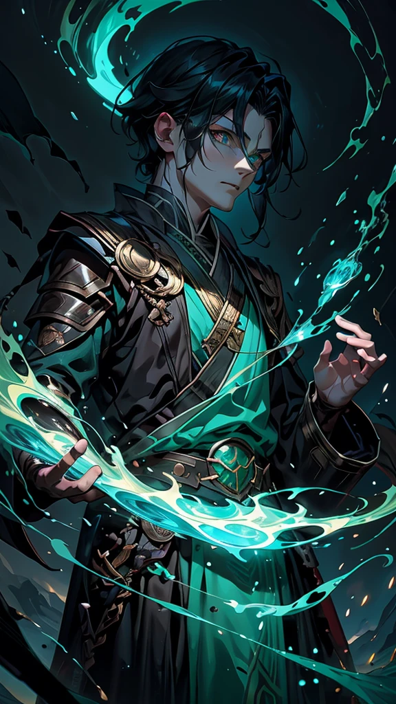  1 boy , Loki,  Norway myhtology, Wonder,  black hair, Green coat,  Norway, [Viking,  fantasy, dark  fantasy,  That Time I Got Reincarnated as a Slime、Sowei 