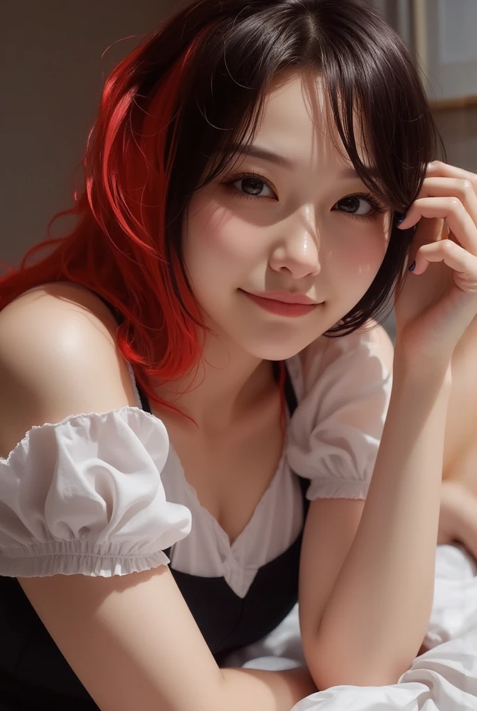  create a girl who wears elegant clothes and big breasts, provocative,  LYING ON YOUR BED , brown eyes, with red hair with black  (  bicolor black hair with red  ) ( as realistic as possible )