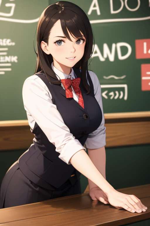 (office lady, bow, short sleeves, white shirt, pencil skirt, vest:1.2), Beauty、20-year-old、Masterpiece、highest quality、(8k, highres), (embarrassed:1.2), Embarrassing、hugging own breast, (pussy juice1.5), Inner thighs