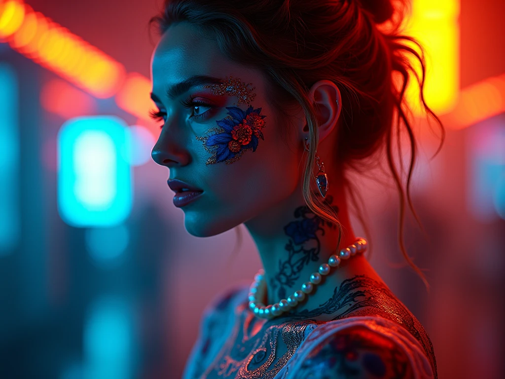 4D portrait of a full body image of a nordic woman dressed in nordic designer clothing with glowing red and blue tattoos in neon light, with tattoos lighting up the scene, a yellow mist atmosphere on the scene, Low light scene with only the tattoos shining in the scene., At the bottom of the city, oil painting, 3/4 Profile view, Beautiful nordic design pearl necklace., luxurious fabrics, Detailed embroidery, changing chiaroscuro lighting, High resolution