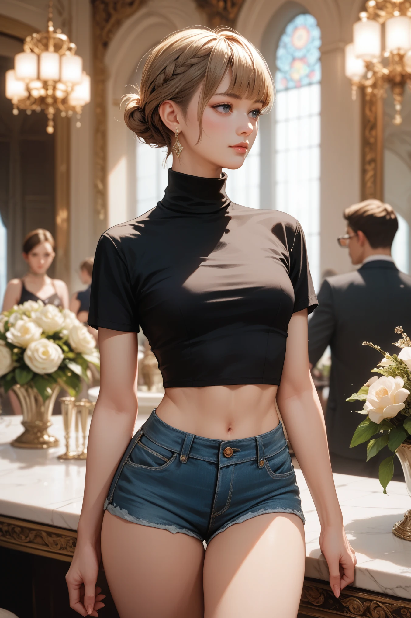 score_9, score_8_up, score_7_up, sfw, Anatomically Correct, cowboy shot, girl, short blond hair with bangs,, turtleneck short sleeves black crop top,cropped denim shorts,standing in an elegant ballroom