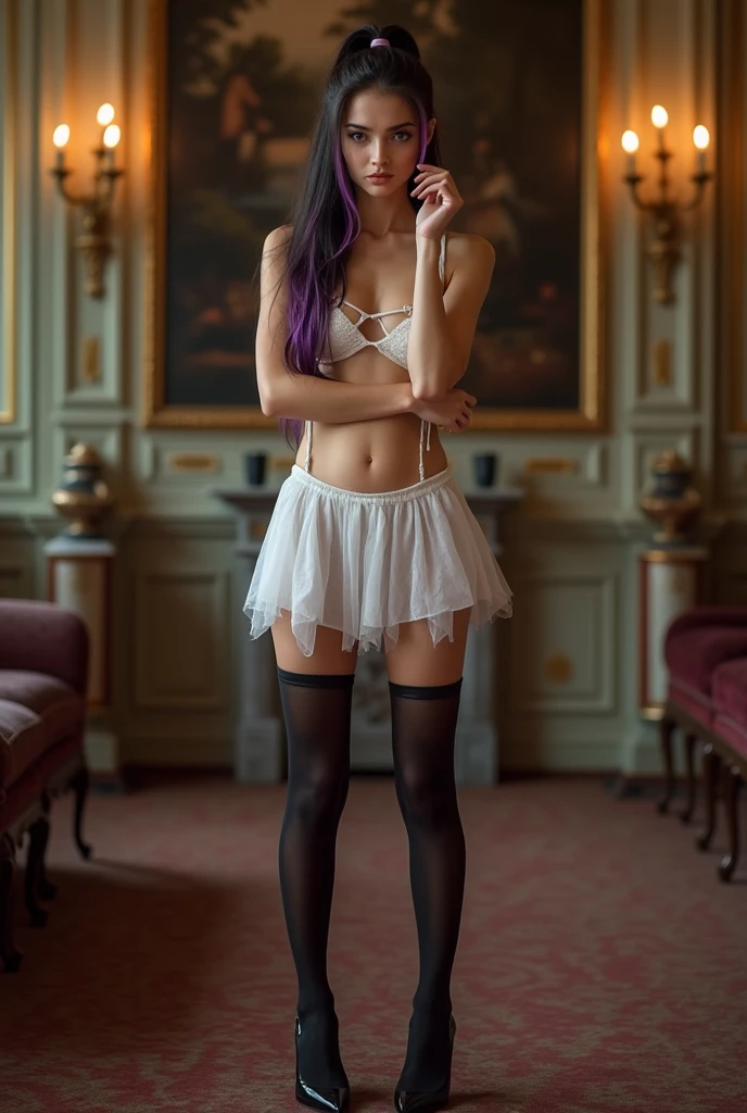 ((best qualityer, sitting down, cross legs, leg focus)), ((work of art)), (detailded),1 girl, (A vampire), nsfw, violet hair, in this, white stockings, mitts, Glass, super realism, high heels, Nude