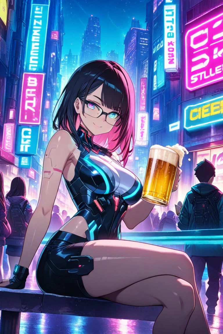 2girl,multiple girl, duo focus, black glasses,sitting ,looking  at viewer , outdoor bar, holding glass, cheers,cheers together, armpits, drinking beer, beer, under neon light, cyberpunk vibes, neon sign, street, crowd,masterpiece, best quality,4k UHD,high detailed, scenery, glowing light, extreme glow, 