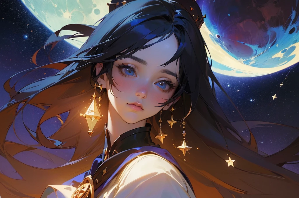 (masterpiece,top-quality,top-quality,Detailed and complex,official art,aesthetically pleasing:1.3),(female),(mona),(realistic art:1.3),(moon,stars,celestial,fantasy,cinematic lighting,background),chiaroscuro,intricate details,striking composition,elegant,regal,mesmerizing