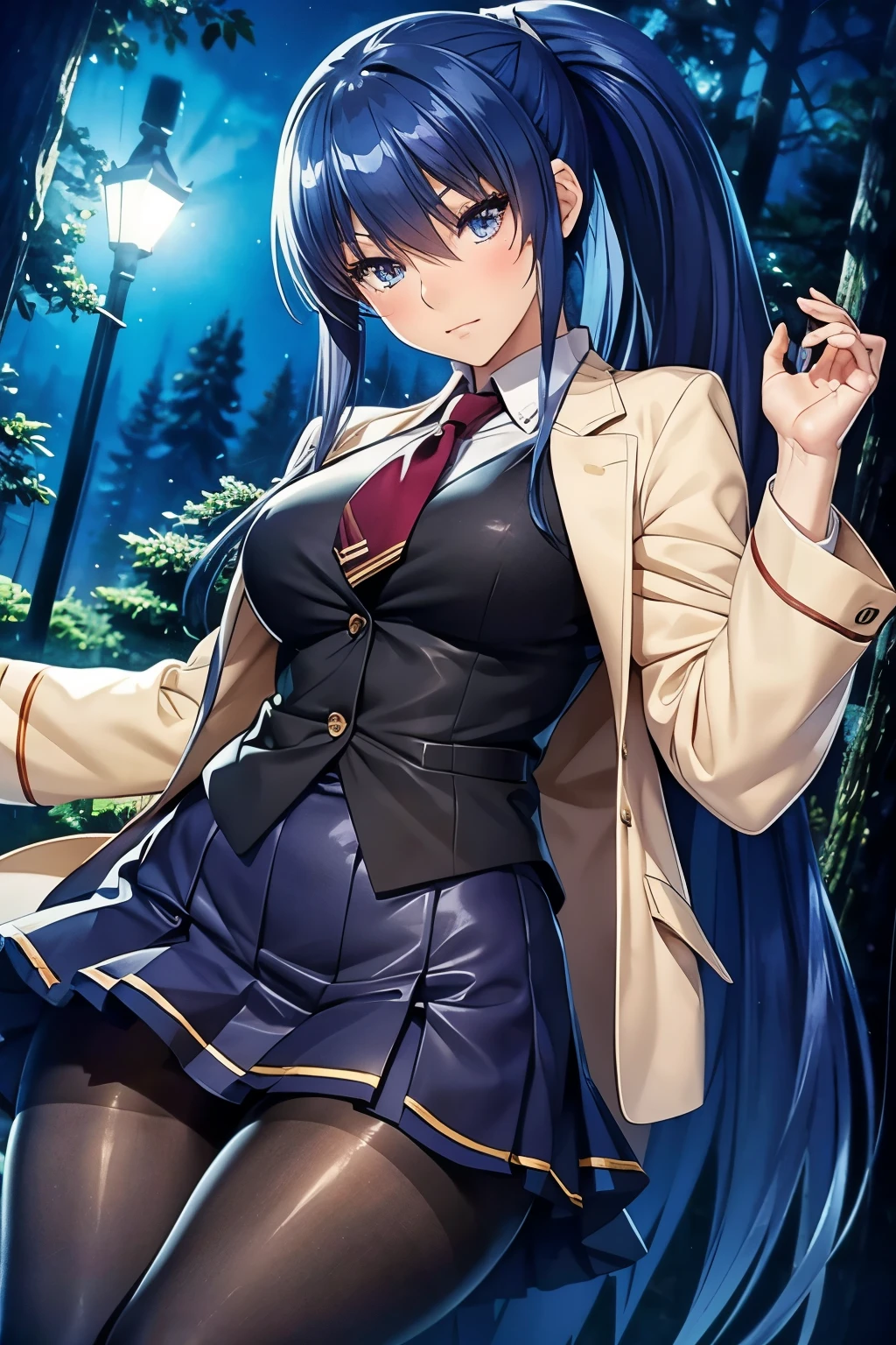 (jambes grasses), ((forest by night)), ((perfect hands)), ((glossy pantyhose)), (finely detailed eyes and detailed face:1.3), (extremely fine and beautiful:1.1), (Perfect details:1.1), Akiyama Rinko, ((glossy pantyhose)), (view from below), sexy legs, (perfect eyes:1.1), skirt, pleated skirt, jacket, school uniform, buttoned shirt, shiny clothes, fishnet, long hair, bangs, ponytail, blue hair, blush,