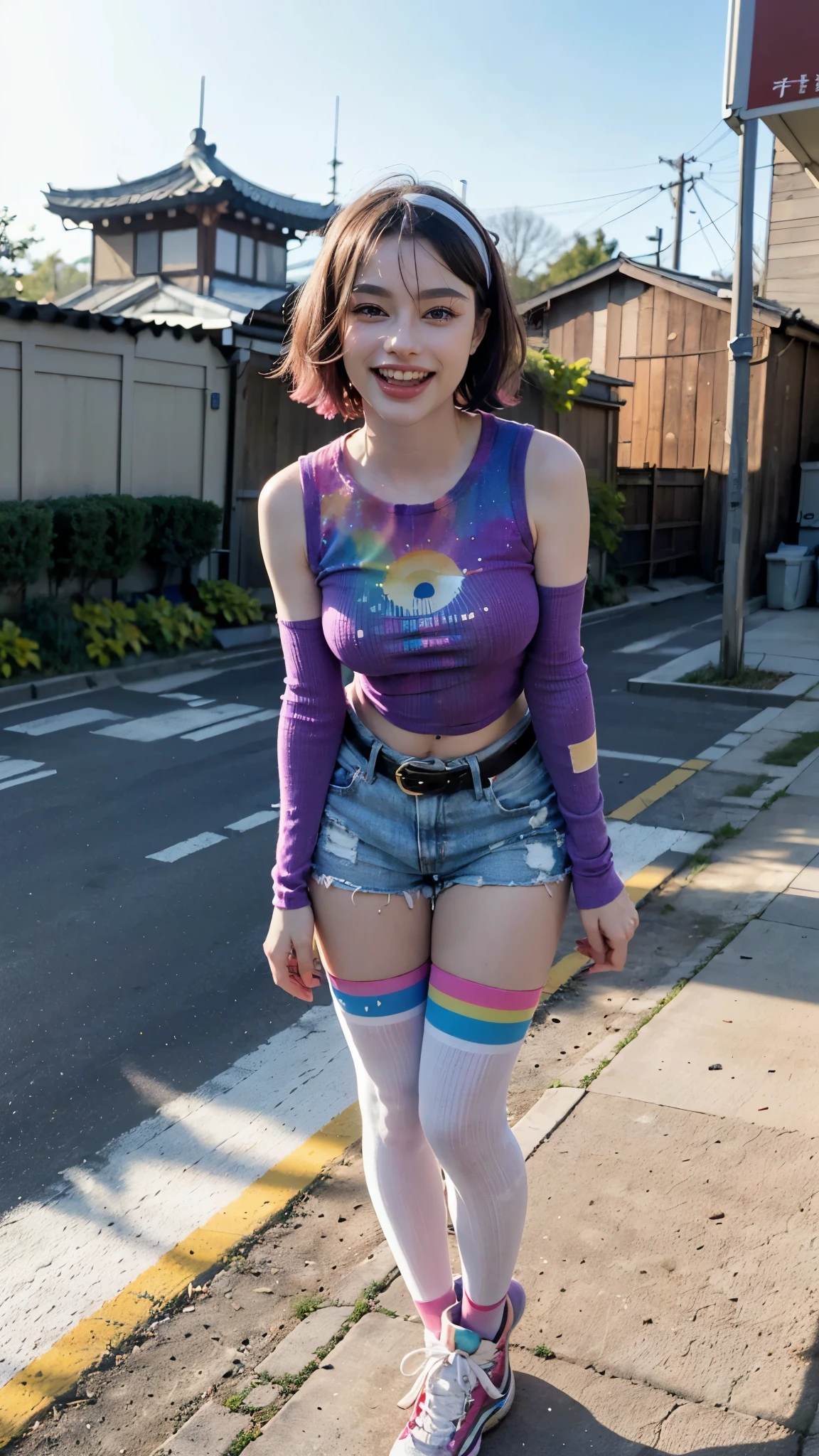 1 woman, mature woman, solo, NOT DASHA TARAN, full body standing, perfect body, best quality, 32k, photograph, full body (head to toe), tone mapping, ((houjou satoko,short hair,black hairband,rainbow colors mix hair,violet eyes,hair between eyes,random shirt, random sleeveless or long sleeves shirt, pink tonalities flower psychedelic colors detailed shirt, shirt tucked in, mid sized breasts,belt,short shorts,blue tonalities multicolor shorts, white socks, pink footwear, athletic, big woman, pink and white striped stockings, military pattern headband, funny random hat)), asian-european, ((golden blonde hair, short hair, purple eyes)) perfectly drawn hands, ((masterpiece)), ((highres)), ((detailed background)), japanese village background, next to a river, (big proportions), cute pose, (laughing, teeth are visible, energetically laughing), ((perfect eyes, detailed eyes, realistic eyes)), ((sharp face, detailed face, realistic face, natural skin, realistic skin, detailed skin, pores)), rainbow-like-multicolor hair:1