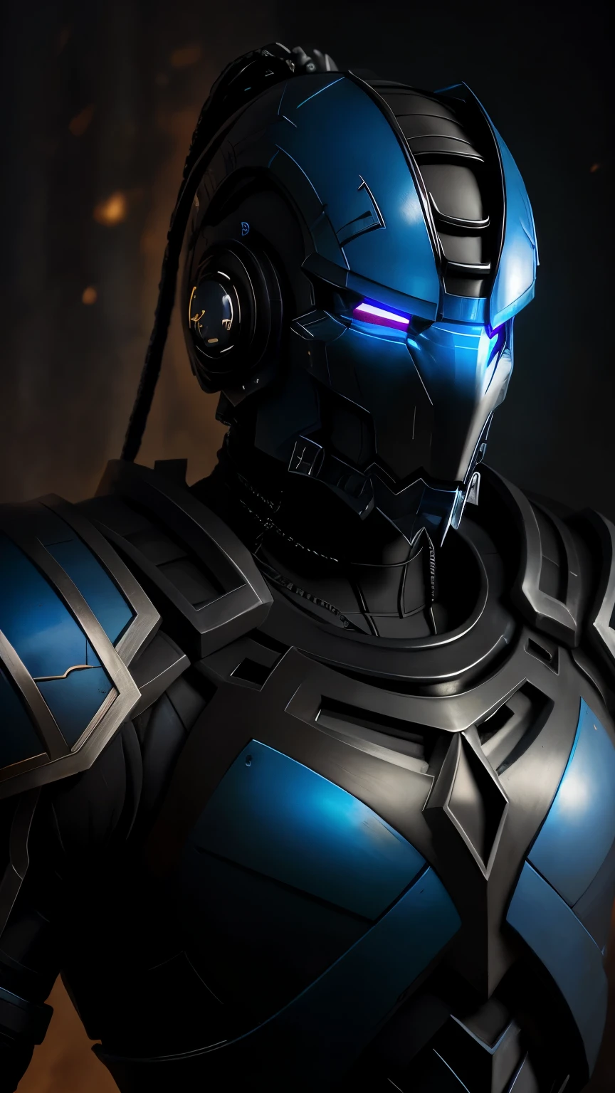 Sub-Zero from Mortal Kombat, zxcrx, cyborg ninja, sleek (blue and black armor:1.5), various robotic components, his face is covered by a helmet with a glowing ligh blue visor, ice blades, cold, 1man, solo, full body view, front view, looking at viewer, intricate, high detail, sharp focus, dramatic, photorealistic painting art by greg rutkowski