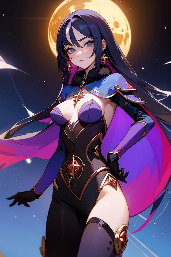 Mona Megistus, (Standing) (sexy) (Posing) Night Background. Beautiful face and eyes. Cosmic night background.