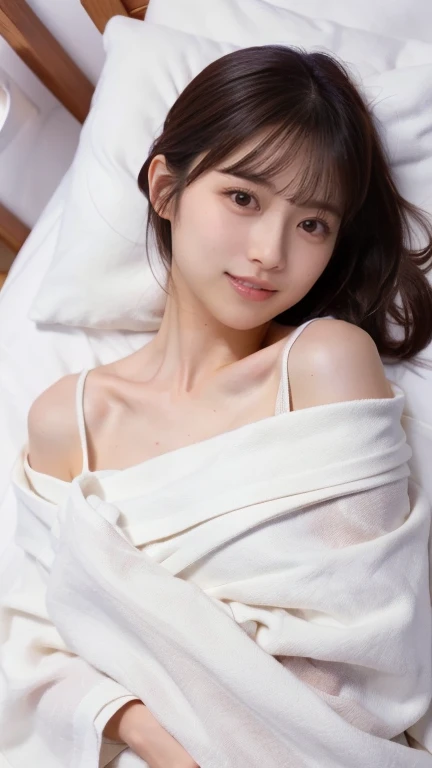 (masterpiece, best quality, perfect anatomy,  highres icon, 8k, realistic, photorealistic, natural skin texture:1.2), Japanese woman wrapped in a white blanket on the bed, Shoulders out,  cleavage, jp idol, Woman wrapped in a blanket on her bed with the morning sun sticking 