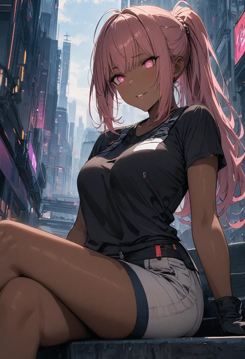 masterpiece, best quality, extremely detailed, 1girl, mature female, solo, (dark brown skin:1.6), parted lips, ((pink hair, ponytail, pink eyes, power symbol-shaped pupils)), ((baltimorerace, black gloves)), light smile, sitting on the bench, futuristic cityscape