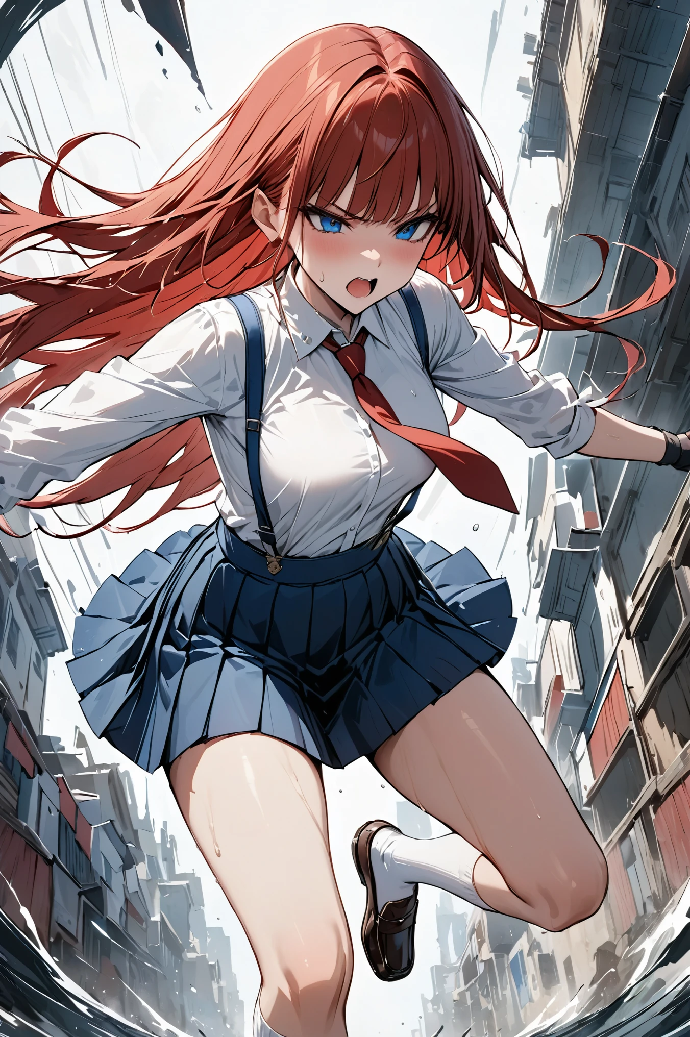 Dynamic composition,action,{{masterpiece}}, {{{Highest quality}}},{{Very detailed}},blue suspenders, blue Pleated Miniskirt,white Long sleeve white blouse, loafers,black fingerless gloves,Red tie,White socks,Straight hair,Long hair ,Red Hair, blunt bangs,hand、V-shaped eyebrows, sweat,