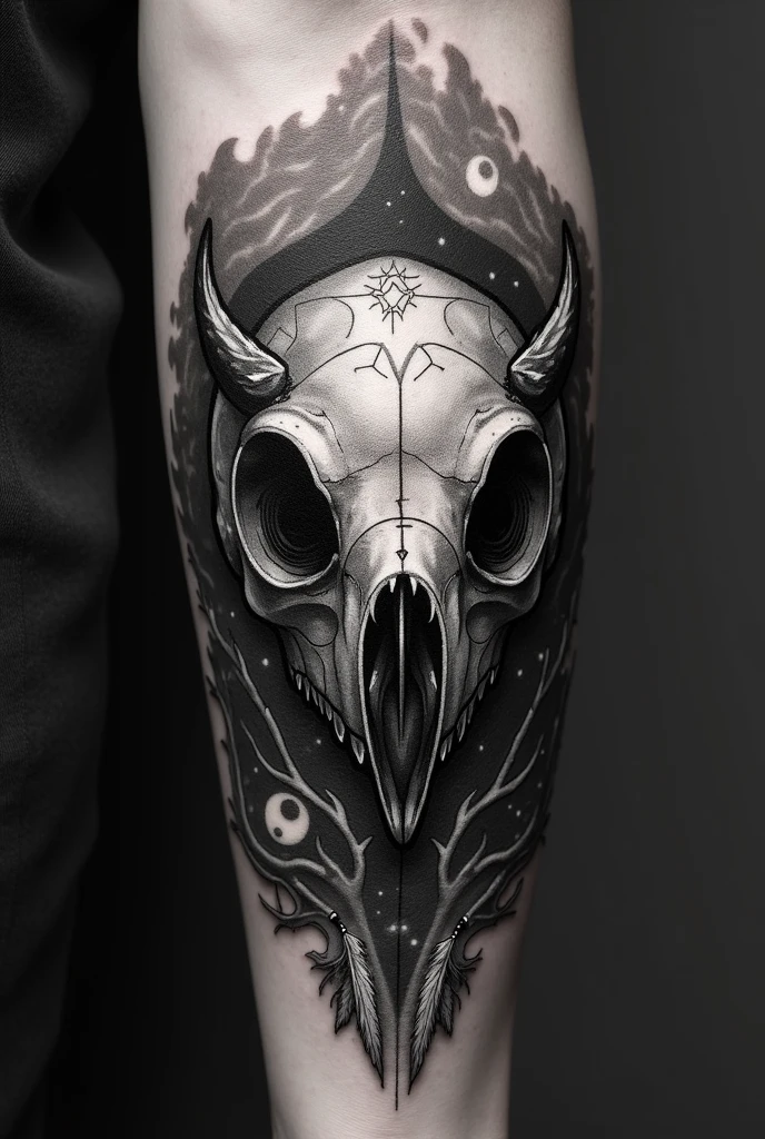 Dog skull tattoo in a nest of dry branches, all in black and white that covers almost the entire professional forearm