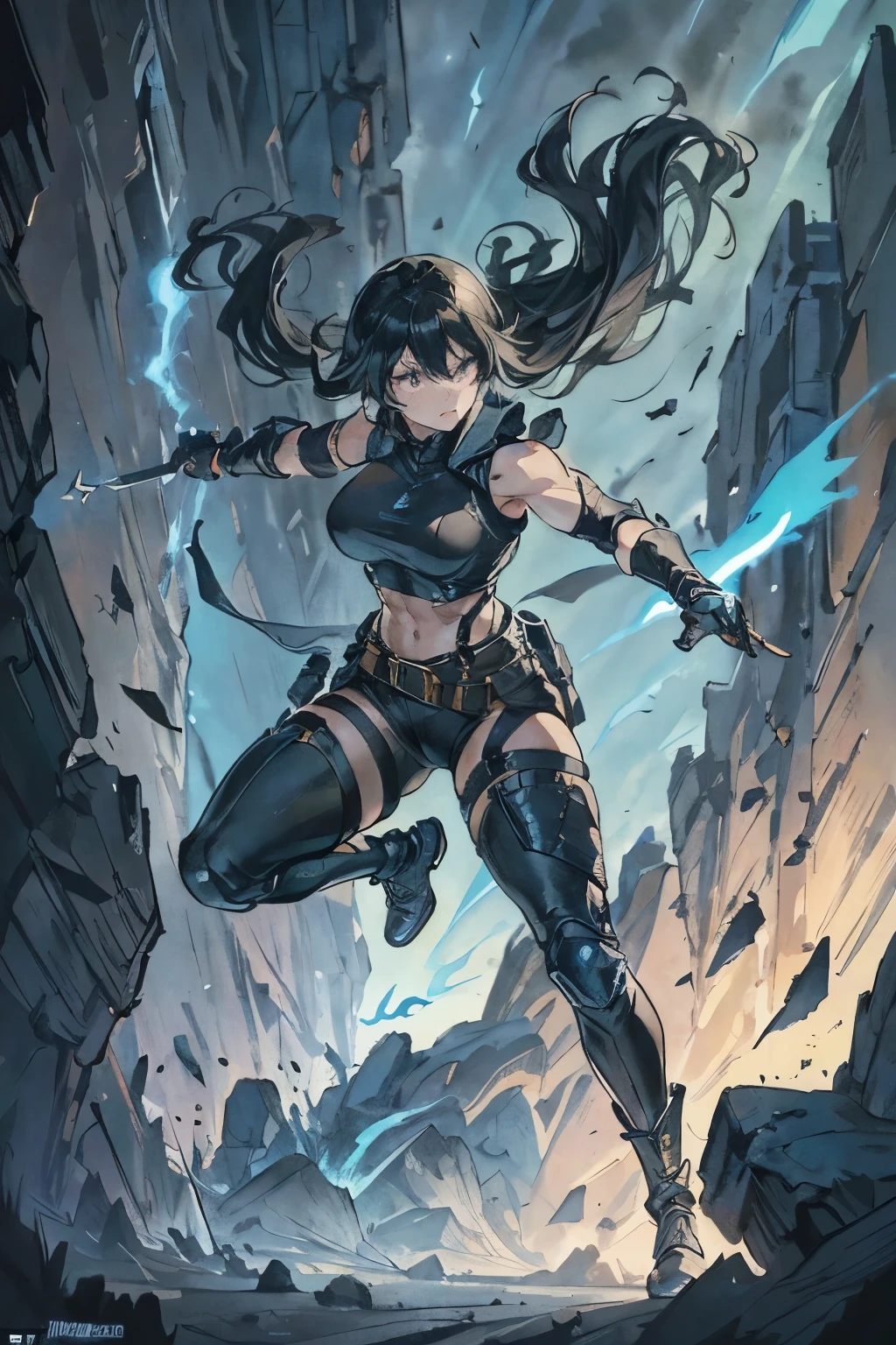 The image depicts a female character with long black hair, wearing a dark-colored tight-fitting top and a tactical vest or harness. The background features a bright blue light, giving the scene a dramatic and dynamic atmosphere. The character appears to have a strong, muscular build. The art style is indicative of an animated or illustrated format.