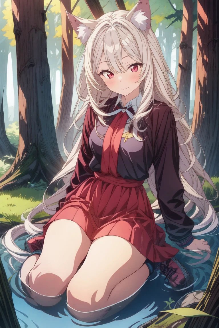 1girl,cute,(highest quality:1.2,Anime artwork,Anime Style,Studio Anime,Very detailed,Latest,Vibrant,Anime Coloring,High Contrast,masterpiece:1.2,highest quality,Best aesthetics),Gray wolf woman living in the forest,cute,Wolf Ears,Wolf Tail,tooth,(Red Eyes:0.8),cute,Dress modestly,Looking at this,In the dense forest,The sunlight filtering through the trees creates a mysterious atmosphere.,A small stream flows at my feet