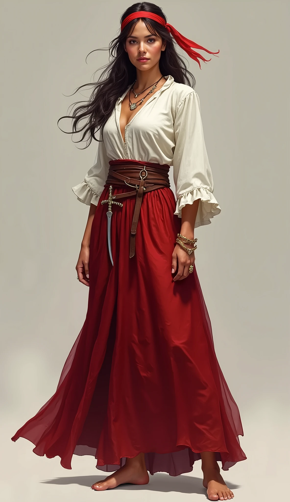 an authoritarian gypsy woman, she wears a simple white long sleeved blouse, with a long red skirt, show your whole body, She is brunette, and the cloth in the hair is a red cloth, she has a small dagger at her waist the dagger is covered by a protective cover, a gypsy ring on her fingers and a small golden bracelet, she wears bare feet SHE DOESN&#39;T WEAR NECKLACES OR EARRINGS