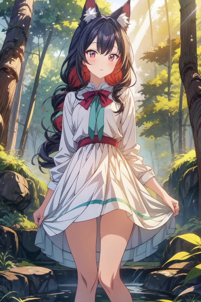 1girl,cute,(highest quality:1.2,Anime artwork,Anime Style,Studio Anime,Very detailed,Latest,Vibrant,Anime Coloring,High Contrast,masterpiece:1.2,highest quality,Best aesthetics),Gray wolf woman living in the forest,cute,Wolf Ears,Wolf Tail,tooth,(Red Eyes:0.8),cute,Dress modestly,Looking at this,In the dense forest,The sunlight filtering through the trees creates a mysterious atmosphere.,A small stream flows at my feet