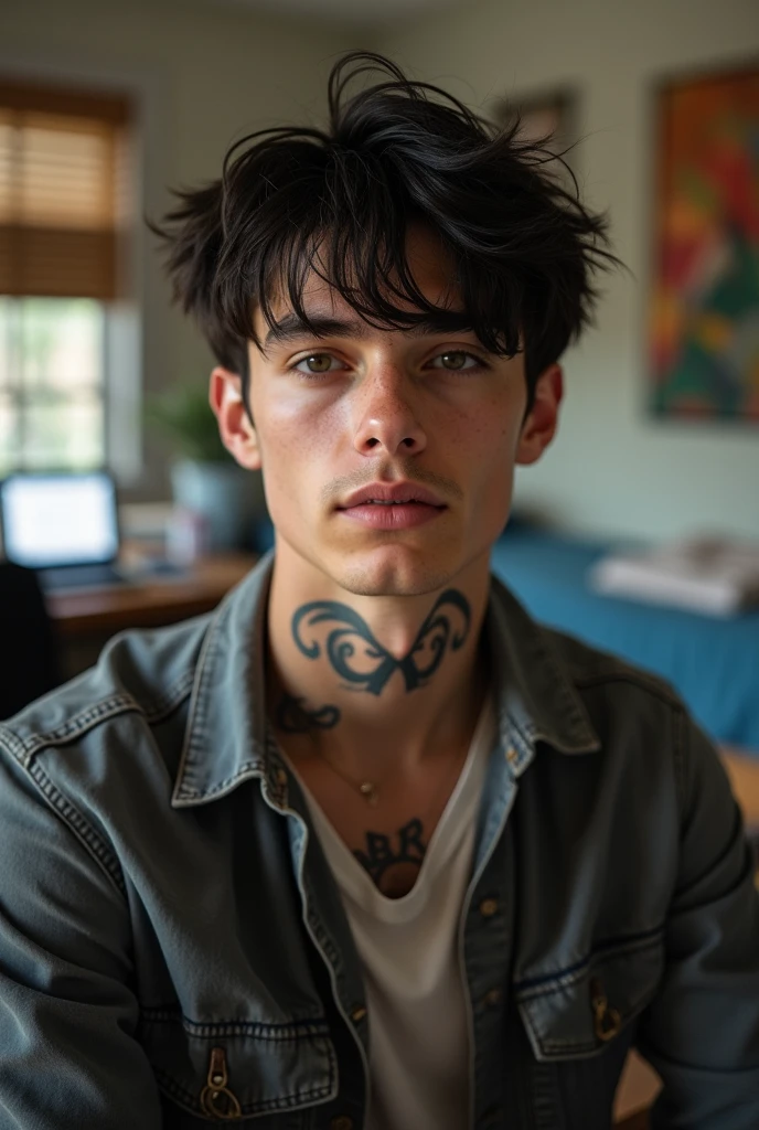18 year old boy, estatura 1:80, pale fair skin, cabello oscuro, ojos azules, tatuajes del brazo izquierdo de la mano al hombro, delgado y en forma
