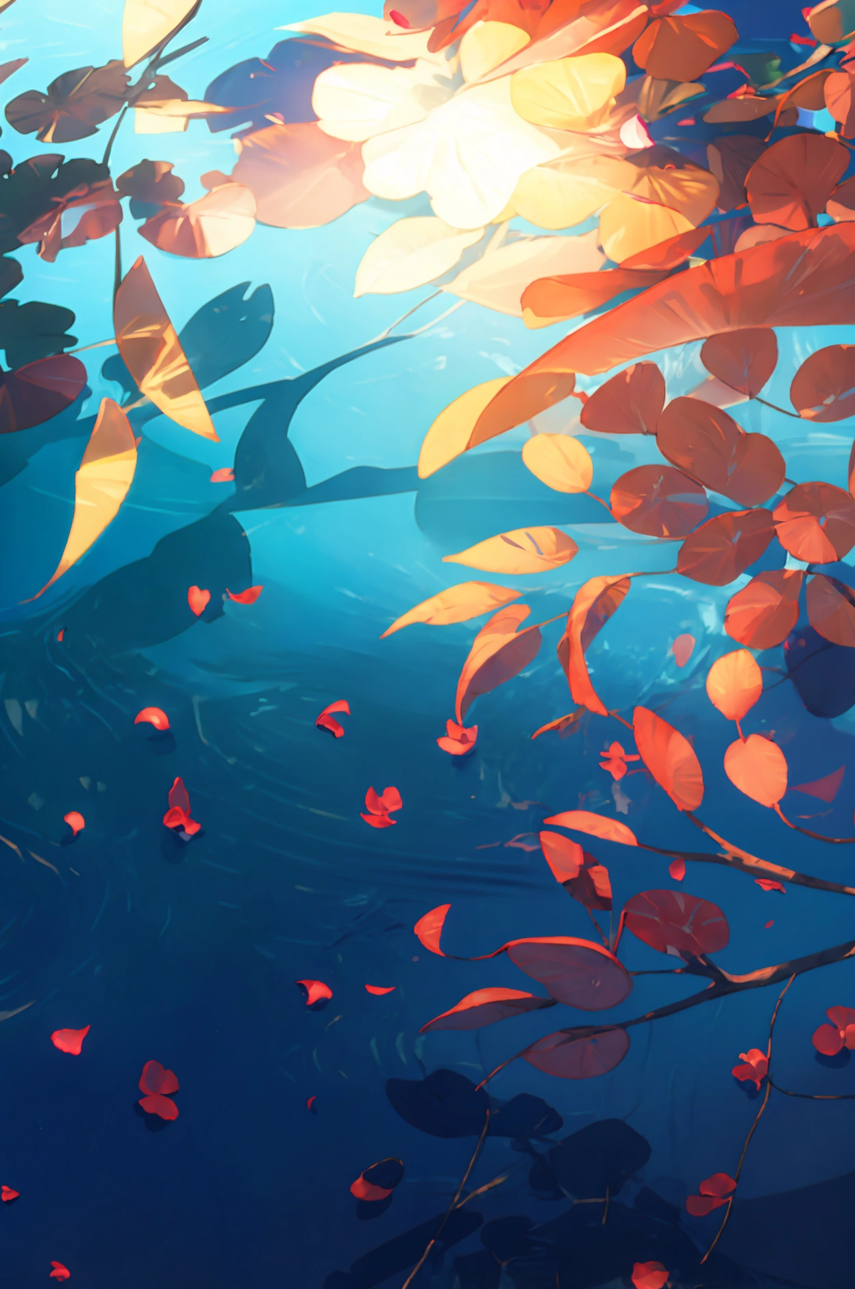 Masterpiece, best quality, (very detailed CG unity 8k wallpaper) (best quality), (best illustration), (best shadows) Nature&#39, blue sea,delicate leaves petals of various colors falling in the air light Tracking, super detailed 