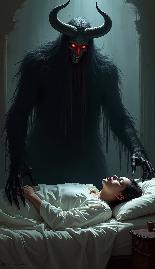 The image presents a disturbing and disturbing scene in which a dark and lanky being, with long, straight hair that partially covers her face, He is crouching over the bed of a sleeping person. The figure looks human, but his posture is unusually tense and animalistic, almost like a predator stalking its prey. The skin of the being is pale, almost cadaverous, which contrasts with the darkness of the room, dimly lit by the blue light coming through a window behind them. The room has a messy and gloomy look., with a red digital alarm on a nightstand and a rumpled bed. The general atmosphere of the scene is oppressive and terrifying., with the feeling that something terrible is about to happen. The combination of cold light, The sinister figure and vulnerability of the sleeper creates a sense of vivid nightmare.