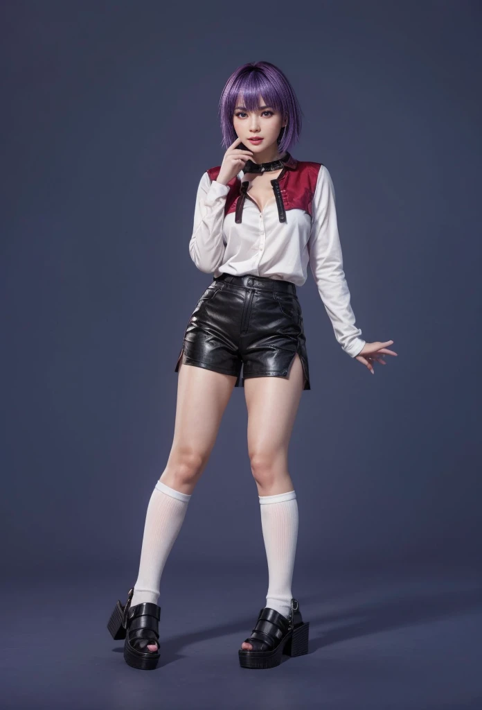 (RAW shooting, Photoreal:1.5, 8k, highest quality, masterpiece, ultra high resolution), perfect dynamic composition:1.2, Highly detailed skin and facial textures:1.2, 1girl:1, asian girl:1,Glamourous female, beautiful and aesthetic:1.2, sexy beauty, perfect style, belief, Strong-willed, revenge, Fair skin, very beautiful face, (large breast:1.4, Chest gap:1.4), (wearing a sexy casual fashion:1.2), (beautiful eyes, Eyes that feel beautiful eros:1.0), (Too erotic:0.9, Bewitching:0.9), (full body photo:2), (perfect limbs:1.2), (perfect fingers:1.2),(white shirt, red skirt:2, shoes,dark blue hair:1.4, long hair,knee high socks,belt:2, navel,Mio Serizawa:1.4),(simple background:1),(standing:2),