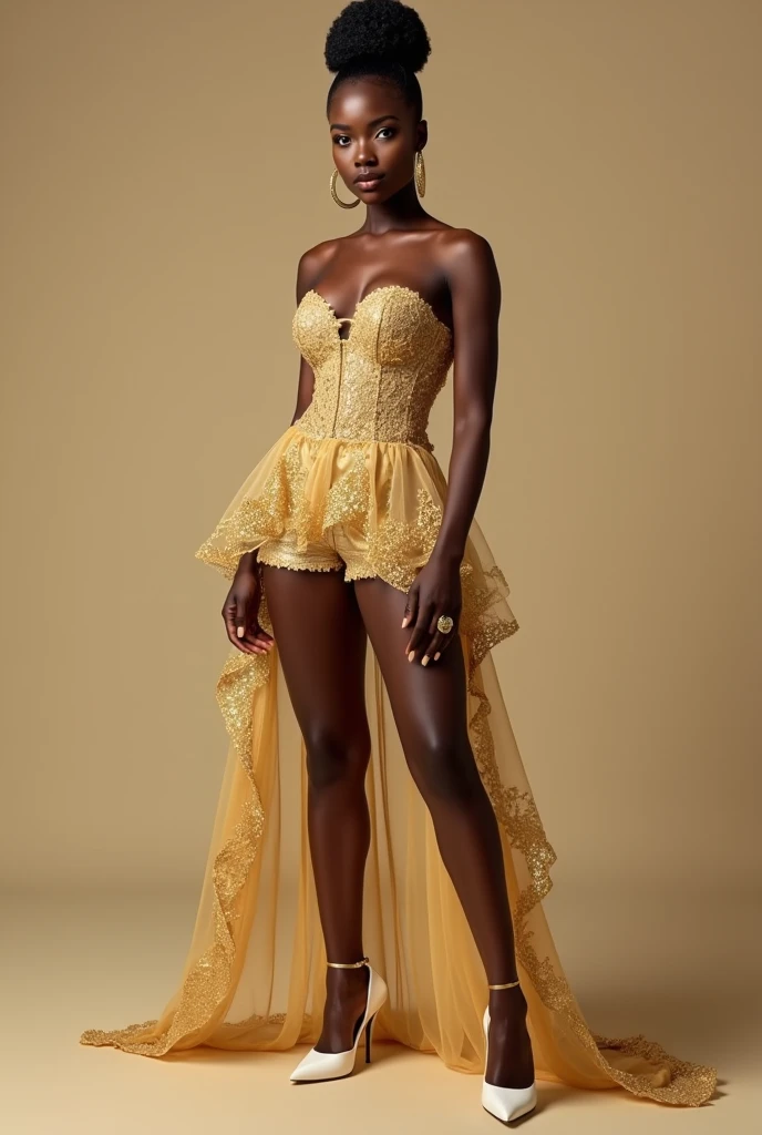 MASSIVE BUTTOCKS, translucent (khaki plastic) leg warmers shawl, UHD, She's a dark skin melanin Goddess, park sidewalk, with infinitely small waist, translucent puffy MASSIVE sleeves tan skirt, tiny waistline:2, swanky mohawk cut, no nudity