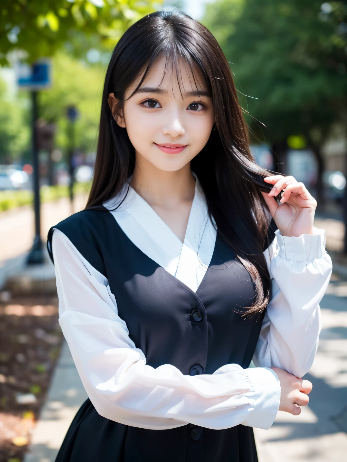 (1 Korean star with royal sister style), ((Best quality, 8K, 巨作: 1.3)), focal point: 1.2, Perfect body beauty: 1.4, (Smile), (Sunset: 1.3),  Watery eyes, highly detailed face and skin textures, Fine eyes, Double eyelids, Whitens the skin, (Long hair, Air bangs: 1.3), (Round face: 1.5), (White military uniform: 1.4), (Sunset，at park: 1.6),(Black stockings: 1.4),(film grain style:1.3)，a sense of atmosphere