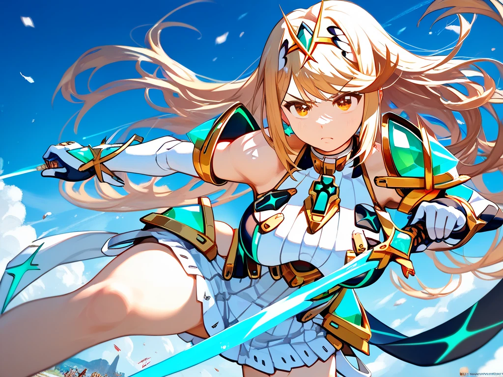  High Contrast, masterpiece: wallpaper, 1.2, highest quality, Best aesthetics),  very round face, very cute face, (((1 girl))), Mythra\(xenoblade chronicles 2\), golden eyes, masterpiece, maximum quality, 4k, fighting pose, sword