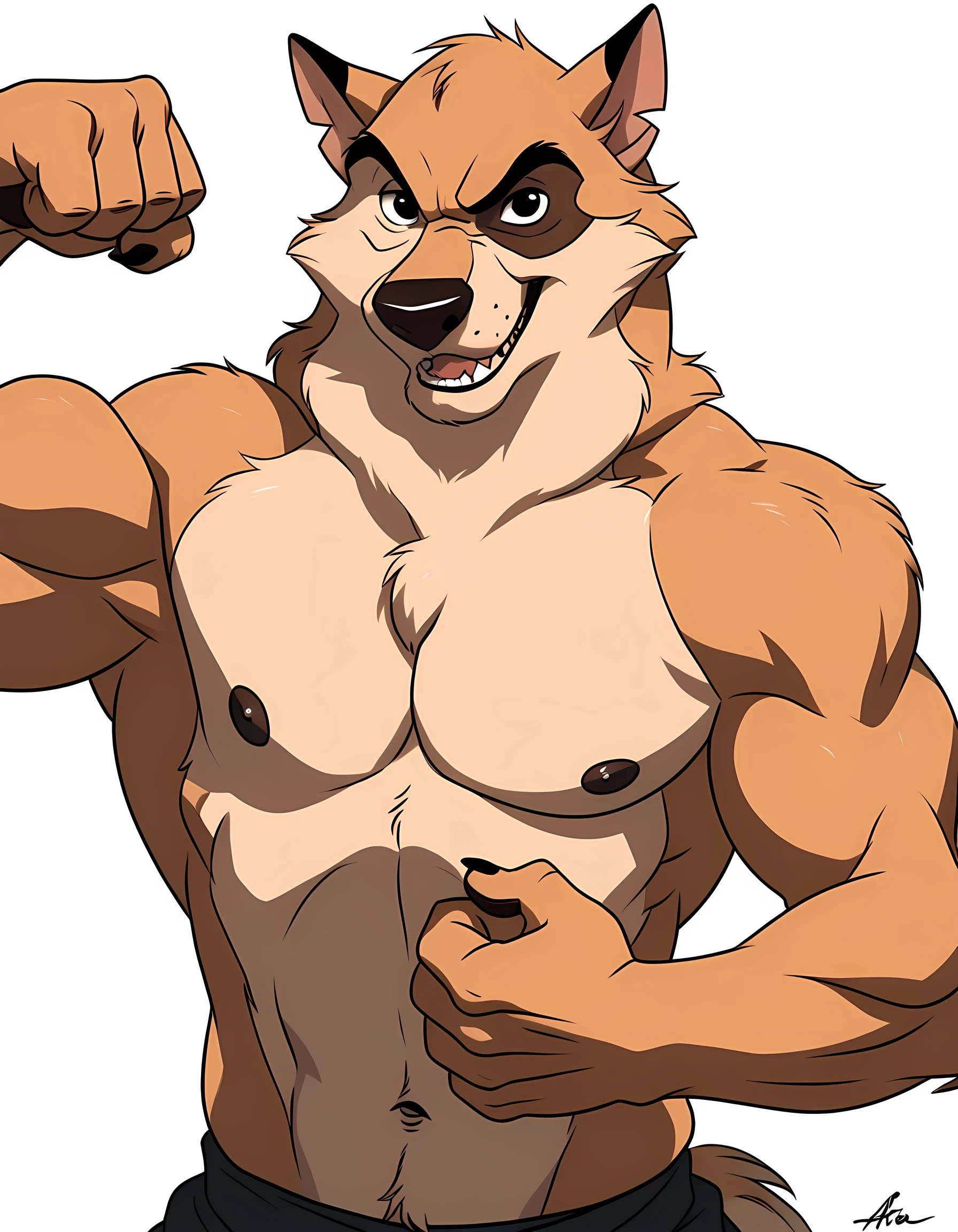 kaltag, alaskan malamute, solo, detailed, detailed face, black eyes, anthro body, male, adult, muscular, cartoon shading, cel shaded:1.0, flat colors, (no background, white background):1.5, shirtless, wfa style, negger style, cartoony anatomy, above waist, looking at viewer, flexing muscles
