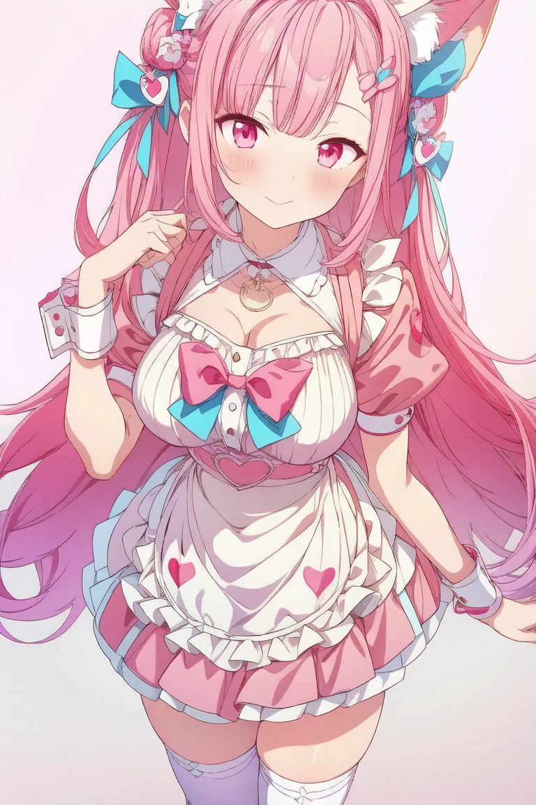 1girl,cute,contrapposto,pink hair,animal ears,maid headdress,thigh highs,puffy short sleeves,cat like ears,dress,apron,white apron,long hair,two side up,light blue bow,(hair ornament),puffy sleeves,short sleeves,pink dress,wrist cuffs,pink bow,((sakuna)),(highest quality:1.2,Anime artwork,Anime Style,Studio Anime,Very detailed,Latest,Vibrant,Anime Coloring,High Contrast,masterpiece:1.2,highest quality,Best aesthetics),intricate details,(sakuna),pink heart background