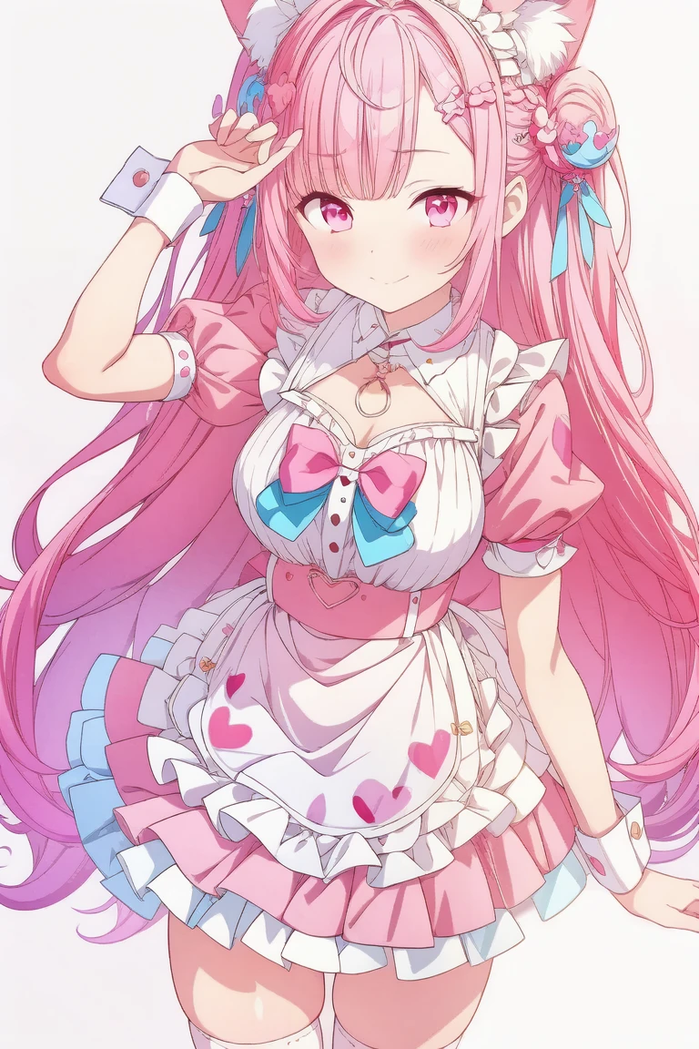 1girl,cute,contrapposto,pink hair,animal ears,maid headdress,thigh highs,puffy short sleeves,cat like ears,dress,apron,white apron,long hair,two side up,light blue bow,(hair ornament),puffy sleeves,short sleeves,pink dress,wrist cuffs,pink bow,((sakuna)),(highest quality:1.2,Anime artwork,Anime Style,Studio Anime,Very detailed,Latest,Vibrant,Anime Coloring,High Contrast,masterpiece:1.2,highest quality,Best aesthetics),intricate details,(sakuna),pink heart background