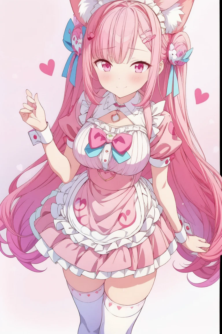 1girl,cute,contrapposto,pink hair,animal ears,maid headdress,thigh highs,puffy short sleeves,cat like ears,dress,apron,white apron,long hair,two side up,light blue bow,(hair ornament),puffy sleeves,short sleeves,pink dress,wrist cuffs,pink bow,((sakuna)),(highest quality:1.2,Anime artwork,Anime Style,Studio Anime,Very detailed,Latest,Vibrant,Anime Coloring,High Contrast,masterpiece:1.2,highest quality,Best aesthetics),intricate details,(sakuna),pink heart background