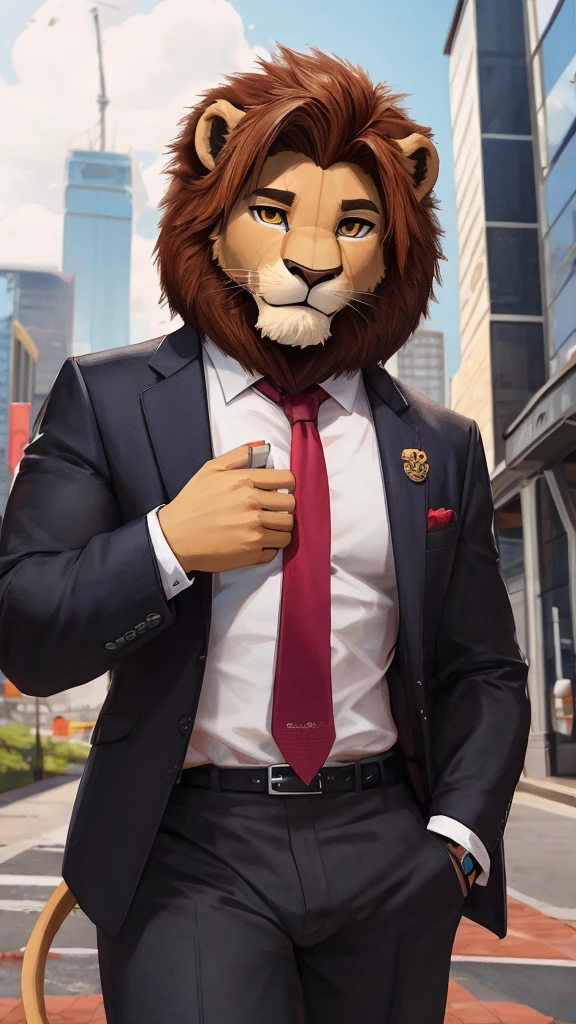 Solo, score_9,score_8_up,score_7_up, source_furry, an Anthro furry lion male, , looking at you, outside, business attire