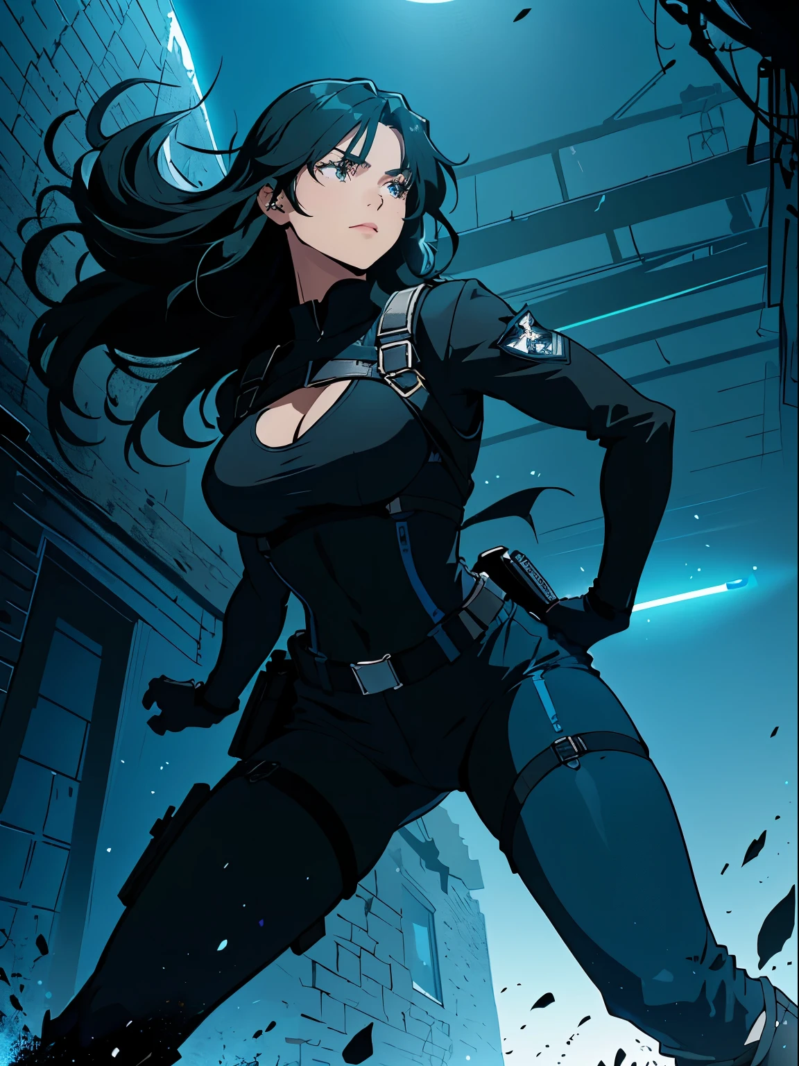 The image depicts a female character with long black hair, wearing a dark-colored tight-fitting top and a tactical vest or harness. The background features a bright blue light, giving the scene a dramatic and dynamic atmosphere. The character appears to have a strong, muscular build. The art style is indicative of an animated or illustrated format.