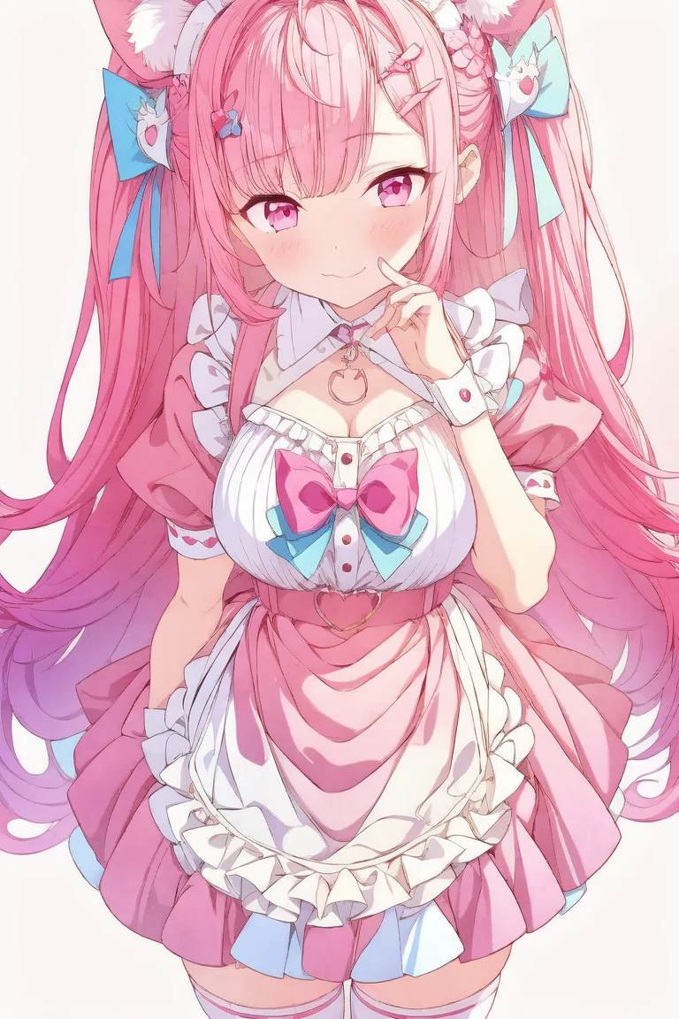 1girl,cute,contrapposto,pink hair,animal ears,maid headdress,thigh highs,puffy short sleeves,cat like ears,dress,apron,white apron,long hair,two side up,light blue bow,(hair ornament),puffy sleeves,short sleeves,pink dress,wrist cuffs,pink bow,((sakuna)),(highest quality:1.2,Anime artwork,Anime Style,Studio Anime,Very detailed,Latest,Vibrant,Anime Coloring,High Contrast,masterpiece:1.2,highest quality,Best aesthetics),intricate details,(sakuna),pink heart background