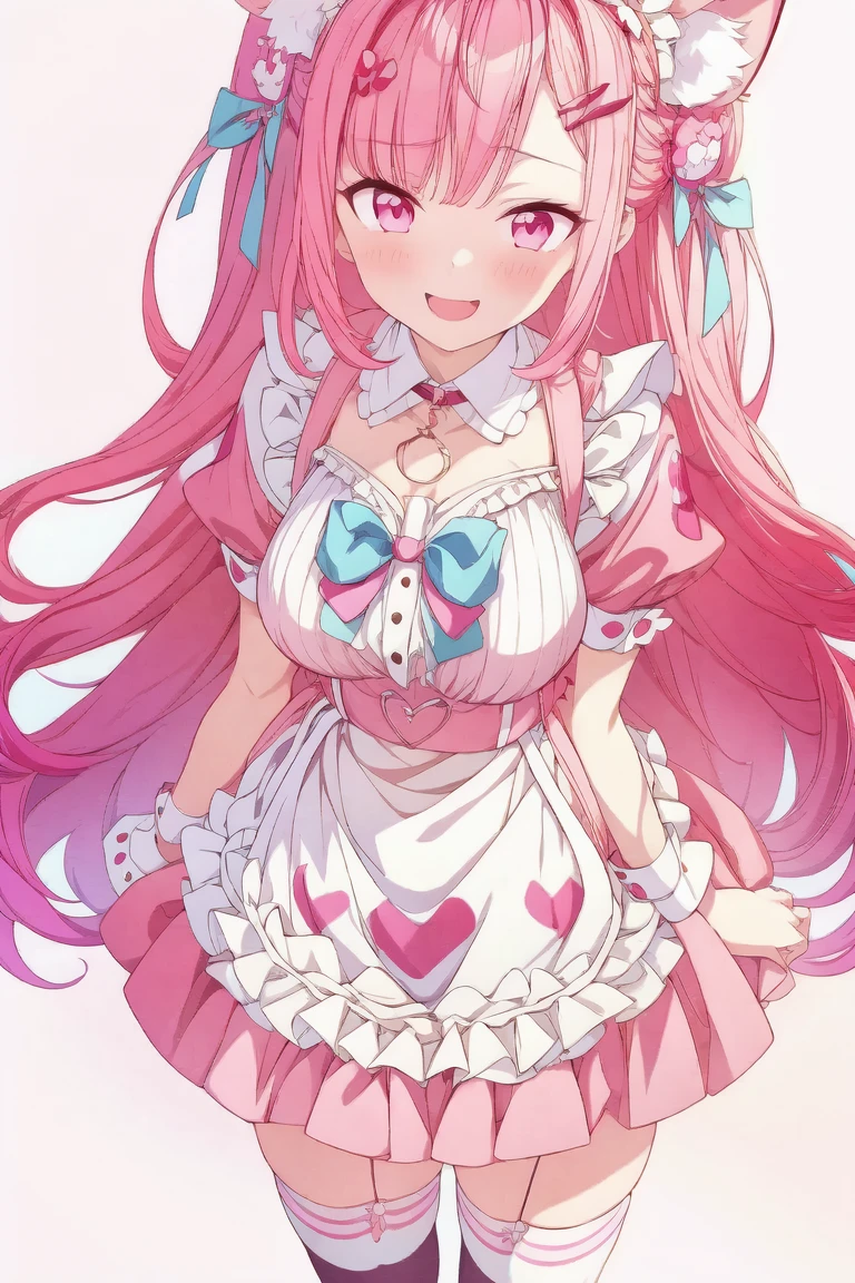 1girl,cute,contrapposto,pink hair,animal ears,maid headdress,thigh highs,puffy short sleeves,cat like ears,dress,apron,white apron,long hair,two side up,light blue bow,(hair ornament),puffy sleeves,short sleeves,pink dress,wrist cuffs,pink bow,((sakuna)),(highest quality:1.2,Anime artwork,Anime Style,Studio Anime,Very detailed,Latest,Vibrant,Anime Coloring,High Contrast,masterpiece:1.2,highest quality,Best aesthetics),intricate details,(sakuna),pink heart background