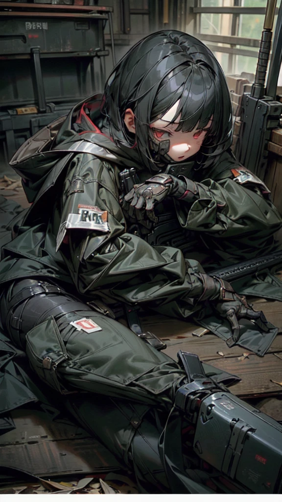  best quality、 detailed down to the smallest detail 、 lying down 、Anti-material rifleを両手で持つ、 hooded girl、Black hair with a bob cut、Red eyes、Anti-material rifle、Huge rifle、Heavy equipment、Black clothes、iron、metallic、