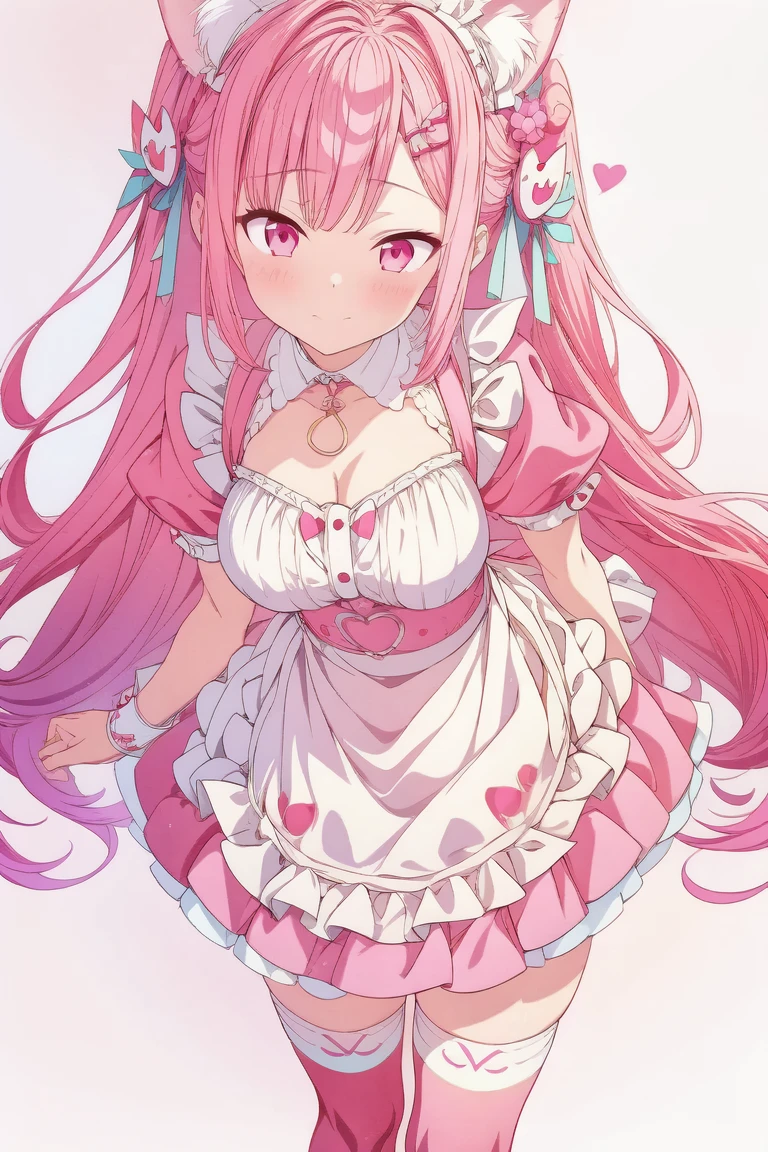 1girl,cute,contrapposto,pink hair,animal ears,maid headdress,thigh highs,puffy short sleeves,cat like ears,dress,apron,white apron,long hair,two side up,light blue bow,(hair ornament),puffy sleeves,short sleeves,pink dress,wrist cuffs,pink bow,((sakuna)),(highest quality:1.2,Anime artwork,Anime Style,Studio Anime,Very detailed,Latest,Vibrant,Anime Coloring,High Contrast,masterpiece:1.2,highest quality,Best aesthetics),intricate details,(sakuna),pink heart background