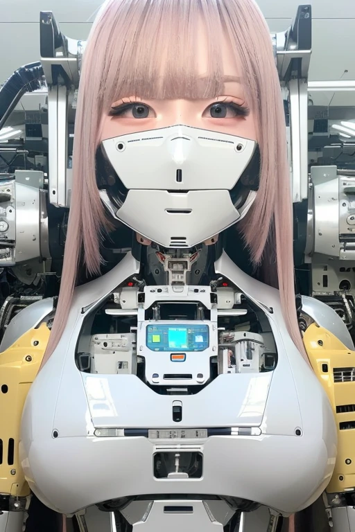 masterpiece, best quality, extremely detailed,portrait,upper body,front view,Japaese android girl,Plump, control panels,android,Droid,Mechanical Hand, Robot arms and legs,Blunt bangs,long tube,thick cable connected her neck,