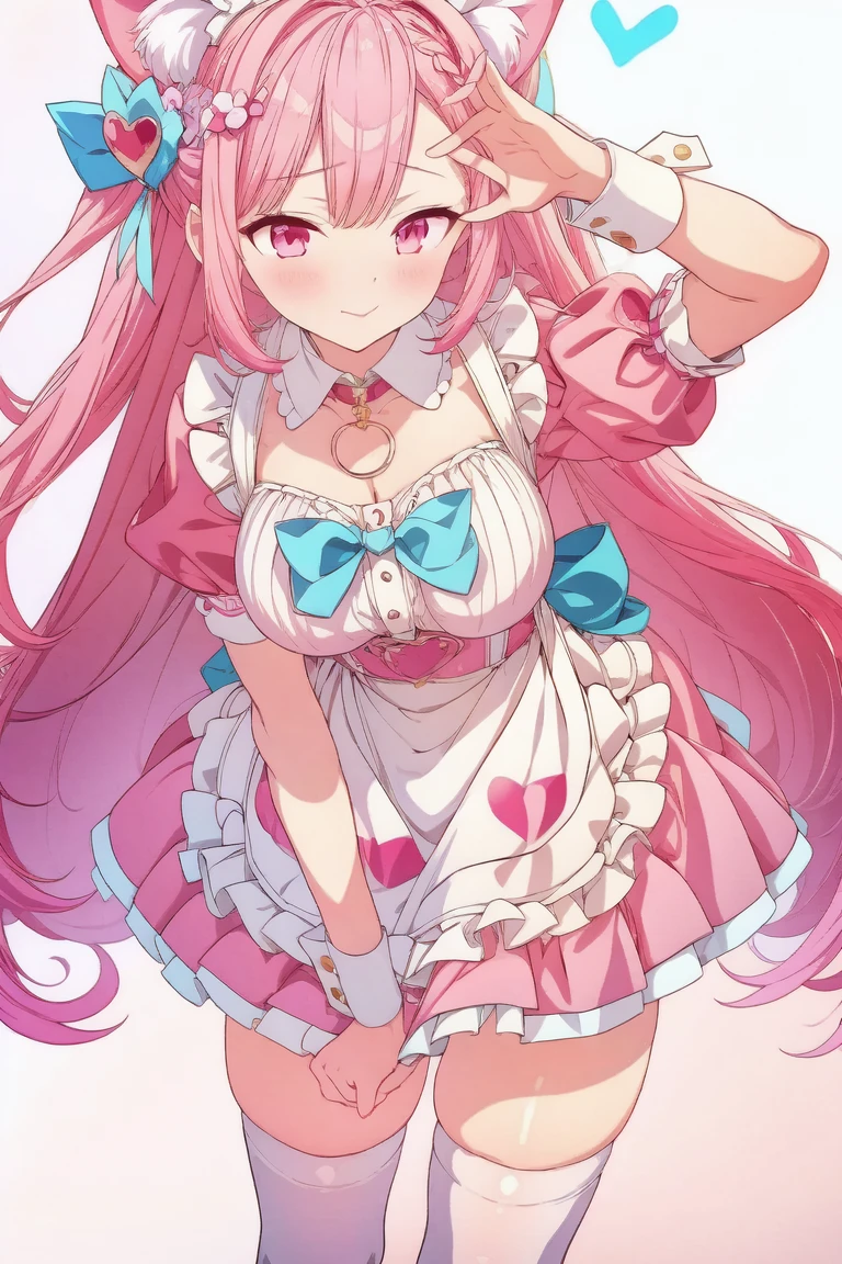 1girl,cute,contrapposto,pink hair,animal ears,maid headdress,thigh highs,puffy short sleeves,cat like ears,dress,apron,white apron,long hair,two side up,light blue bow,(hair ornament),puffy sleeves,short sleeves,pink dress,wrist cuffs,pink bow,((sakuna)),(highest quality:1.2,Anime artwork,Anime Style,Studio Anime,Very detailed,Latest,Vibrant,Anime Coloring,High Contrast,masterpiece:1.2,highest quality,Best aesthetics),intricate details,(sakuna),pink heart background