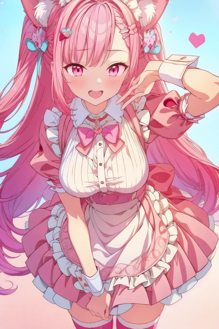 1girl,cute,contrapposto,pink hair,animal ears,maid headdress,thigh highs,puffy short sleeves,cat like ears,dress,apron,white apron,long hair,two side up,light blue bow,(hair ornament),puffy sleeves,short sleeves,pink dress,wrist cuffs,pink bow,((sakuna)),(highest quality:1.2,Anime artwork,Anime Style,Studio Anime,Very detailed,Latest,Vibrant,Anime Coloring,High Contrast,masterpiece:1.2,highest quality,Best aesthetics),intricate details,(sakuna),pink heart background