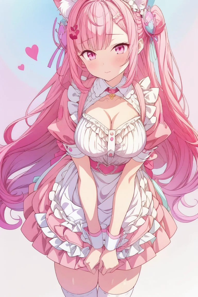 1girl,cute,contrapposto,pink hair,animal ears,maid headdress,thigh highs,puffy short sleeves,cat like ears,dress,apron,white apron,long hair,two side up,light blue bow,(hair ornament),puffy sleeves,short sleeves,pink dress,wrist cuffs,pink bow,((sakuna)),(highest quality:1.2,Anime artwork,Anime Style,Studio Anime,Very detailed,Latest,Vibrant,Anime Coloring,High Contrast,masterpiece:1.2,highest quality,Best aesthetics),intricate details,(sakuna),pink heart background