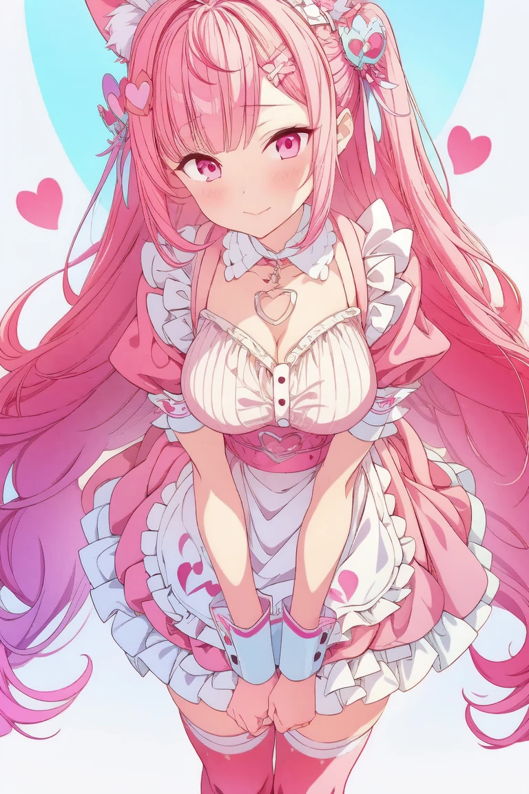 1girl,cute,contrapposto,pink hair,animal ears,maid headdress,thigh highs,puffy short sleeves,cat like ears,dress,apron,white apron,long hair,two side up,light blue bow,(hair ornament),puffy sleeves,short sleeves,pink dress,wrist cuffs,pink bow,((sakuna)),(highest quality:1.2,Anime artwork,Anime Style,Studio Anime,Very detailed,Latest,Vibrant,Anime Coloring,High Contrast,masterpiece:1.2,highest quality,Best aesthetics),intricate details,(sakuna),pink heart background