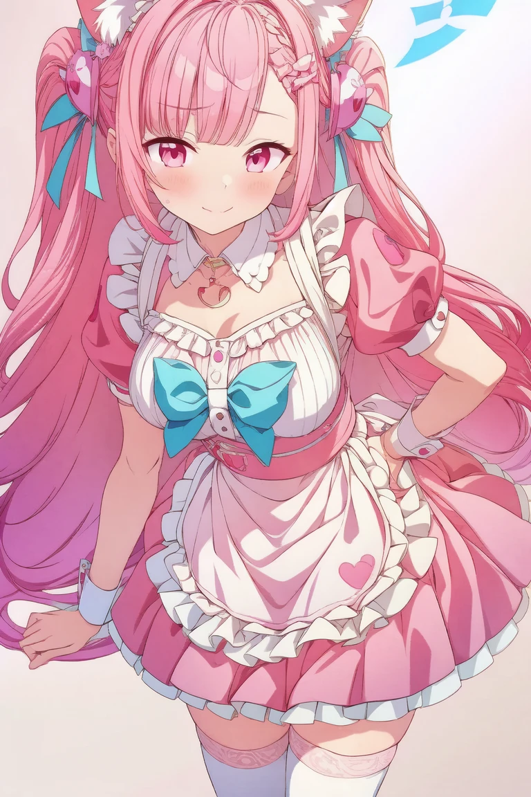 1girl,cute,contrapposto,pink hair,animal ears,maid headdress,thigh highs,puffy short sleeves,cat like ears,dress,apron,white apron,long hair,two side up,light blue bow,(hair ornament),puffy sleeves,short sleeves,pink dress,wrist cuffs,pink bow,((sakuna)),(highest quality:1.2,Anime artwork,Anime Style,Studio Anime,Very detailed,Latest,Vibrant,Anime Coloring,High Contrast,masterpiece:1.2,highest quality,Best aesthetics),intricate details,(sakuna),pink heart background