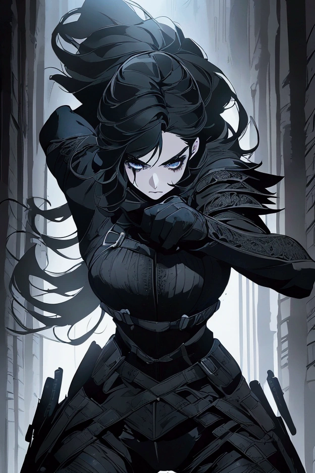 The image depicts a female character with long black hair, wearing a dark-colored tight-fitting top and a tactical vest or harness. The background features a bright blue light, giving the scene a dramatic and dynamic atmosphere. The character appears to have a strong, muscular build. The art style is indicative of an animated or illustrated format.