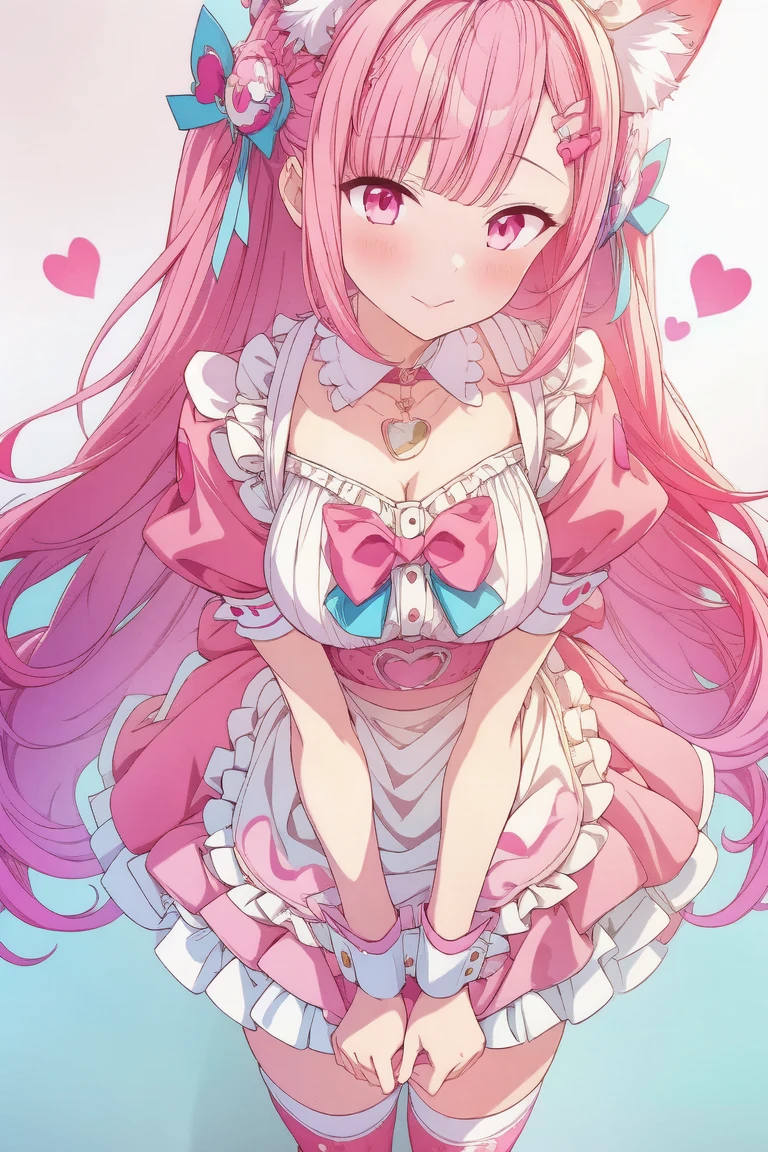 1girl,cute,contrapposto,pink hair,animal ears,maid headdress,thigh highs,puffy short sleeves,cat like ears,dress,apron,white apron,long hair,two side up,light blue bow,(hair ornament),puffy sleeves,short sleeves,pink dress,wrist cuffs,pink bow,((sakuna)),(highest quality:1.2,Anime artwork,Anime Style,Studio Anime,Very detailed,Latest,Vibrant,Anime Coloring,High Contrast,masterpiece:1.2,highest quality,Best aesthetics),intricate details,(sakuna),pink heart background